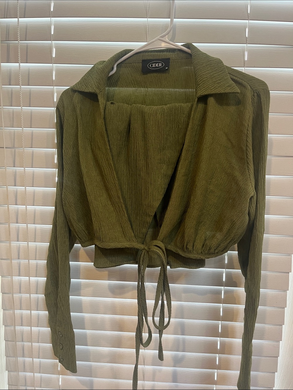 Cider Olive Tie-Front Cropped Shirt Jacket and Skirt